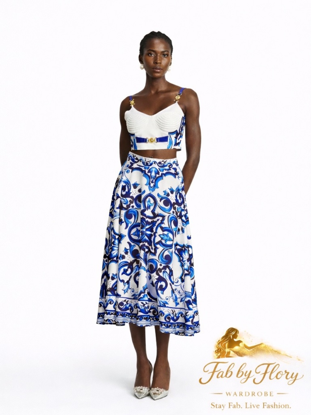YS Blue & White Baroque Bustier Midi Skirt Set- Runs Small Check Measurements